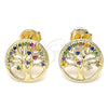 Oro Laminado Stud Earring, Gold Filled Style Tree Design, with Multicolor Micro Pave, Polished, Golden Finish, 02.156.0450.1