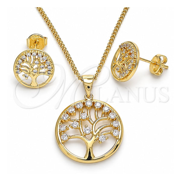 Oro Laminado Earring and Pendant Adult Set, Gold Filled Style Tree Design, with White Cubic Zirconia, Polished, Golden Finish, 10.156.0255