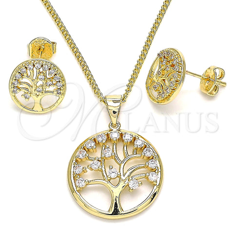 Oro Laminado Earring and Pendant Adult Set, Gold Filled Style Tree Design, with White Micro Pave, Polished, Golden Finish, 10.156.0255