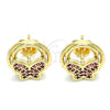 Oro Laminado Stud Earring, Gold Filled Style Butterfly Design, with Ruby Micro Pave, Polished, Golden Finish, 02.156.0453.1