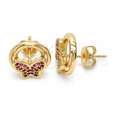 Oro Laminado Stud Earring, Gold Filled Style Butterfly Design, with Ruby Micro Pave, Polished, Golden Finish, 02.156.0453.1