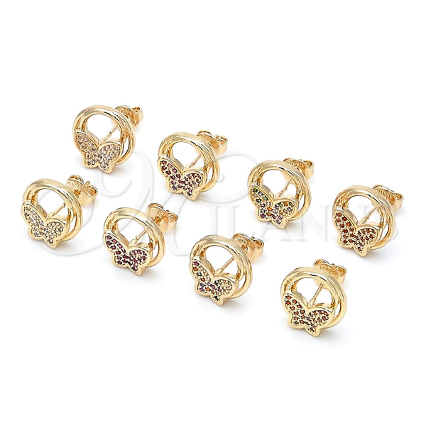 Oro Laminado Stud Earring, Gold Filled Style Butterfly Design, with Ruby Micro Pave, Polished, Golden Finish, 02.156.0453.1