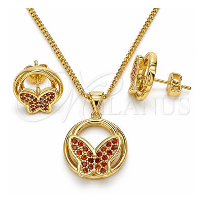 Oro Laminado Earring and Pendant Adult Set, Gold Filled Style Butterfly Design, with Garnet Micro Pave, Polished, Golden Finish, 10.156.0258.2