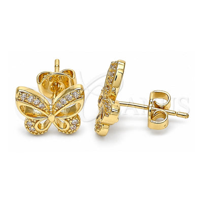 Oro Laminado Stud Earring, Gold Filled Style Butterfly Design, with White Micro Pave, Polished, Golden Finish, 02.156.0455