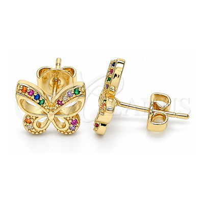 Oro Laminado Stud Earring, Gold Filled Style Butterfly Design, with Multicolor Micro Pave, Polished, Golden Finish, 02.156.0455.3
