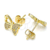 Oro Laminado Stud Earring, Gold Filled Style Butterfly Design, with White Micro Pave, Polished, Golden Finish, 02.156.0456