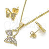 Oro Laminado Earring and Pendant Adult Set, Gold Filled Style Butterfly Design, with White Micro Pave, Polished, Golden Finish, 10.156.0261