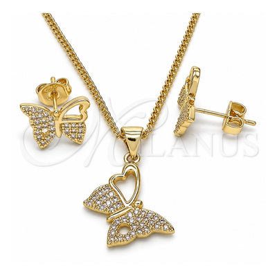 Oro Laminado Earring and Pendant Adult Set, Gold Filled Style Butterfly Design, with White Micro Pave, Polished, Golden Finish, 10.156.0261