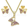 Oro Laminado Earring and Pendant Adult Set, Gold Filled Style Butterfly Design, with Ruby Micro Pave, Polished, Golden Finish, 10.156.0261.1