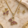 Oro Laminado Earring and Pendant Adult Set, Gold Filled Style Butterfly Design, with Ruby Micro Pave, Polished, Golden Finish, 10.156.0261.1