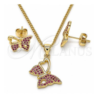Oro Laminado Earring and Pendant Adult Set, Gold Filled Style Butterfly Design, with Ruby Micro Pave, Polished, Golden Finish, 10.156.0261.1
