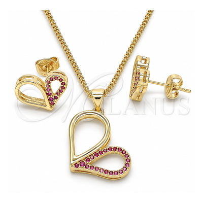 Oro Laminado Earring and Pendant Adult Set, Gold Filled Style Heart Design, with Ruby Micro Pave, Polished, Golden Finish, 10.156.0262.1