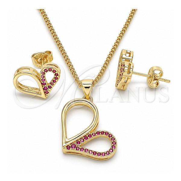 Oro Laminado Earring and Pendant Adult Set, Gold Filled Style Heart Design, with Ruby Micro Pave, Polished, Golden Finish, 10.156.0262.1