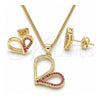 Oro Laminado Earring and Pendant Adult Set, Gold Filled Style Heart Design, with Ruby Micro Pave, Polished, Golden Finish, 10.156.0262.1