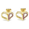 Oro Laminado Stud Earring, Gold Filled Style Heart Design, with Ruby Micro Pave, Polished, Golden Finish, 02.156.0457.1