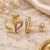 Oro Laminado Stud Earring, Gold Filled Style Heart Design, with Ruby Micro Pave, Polished, Golden Finish, 02.156.0457.1