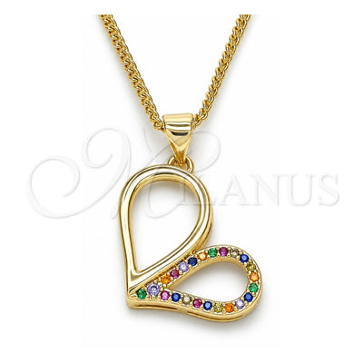 Oro Laminado Pendant Necklace, Gold Filled Style Heart Design, with Multicolor Micro Pave, Polished, Golden Finish, 04.156.0319.3.20 (02 MM Thickness, 20 Inches Length)