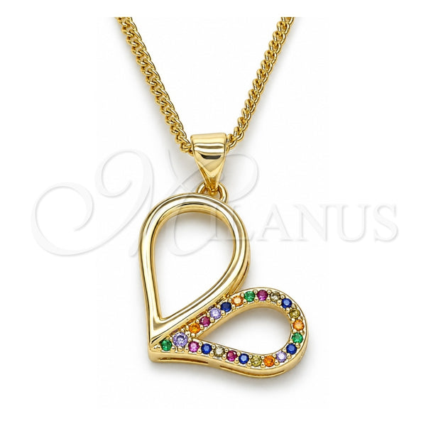 Oro Laminado Pendant Necklace, Gold Filled Style Heart Design, with Multicolor Micro Pave, Polished, Golden Finish, 04.156.0319.3.20 (02 MM Thickness, 20 Inches Length)