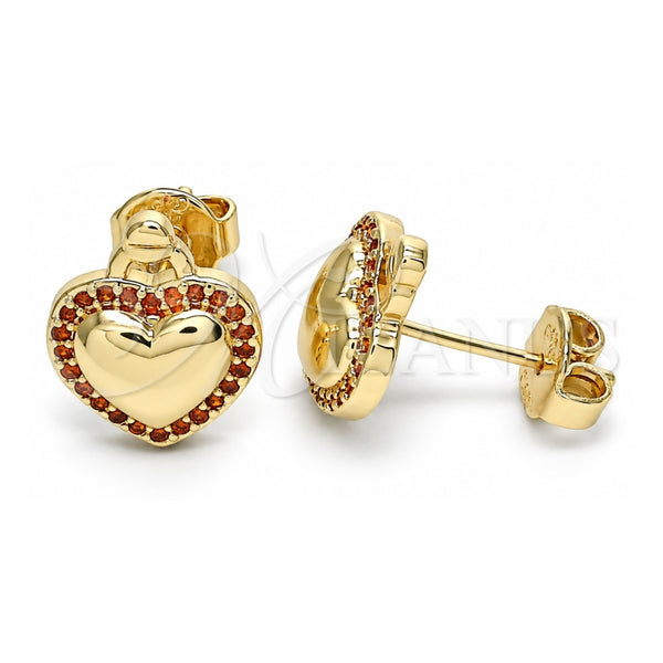 Oro Laminado Stud Earring, Gold Filled Style Heart Design, with Garnet Micro Pave, Polished, Golden Finish, 02.156.0458.2
