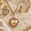 Oro Laminado Earring and Pendant Adult Set, Gold Filled Style Heart Design, with Ruby Micro Pave, Polished, Golden Finish, 10.156.0263.1