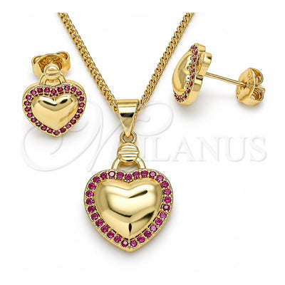 Oro Laminado Earring and Pendant Adult Set, Gold Filled Style Heart Design, with Ruby Micro Pave, Polished, Golden Finish, 10.156.0263.1