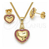 Oro Laminado Earring and Pendant Adult Set, Gold Filled Style Heart Design, with Ruby Micro Pave, Polished, Golden Finish, 10.156.0263.1