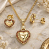 Oro Laminado Earring and Pendant Adult Set, Gold Filled Style Heart Design, with Garnet Micro Pave, Polished, Golden Finish, 10.156.0263.2