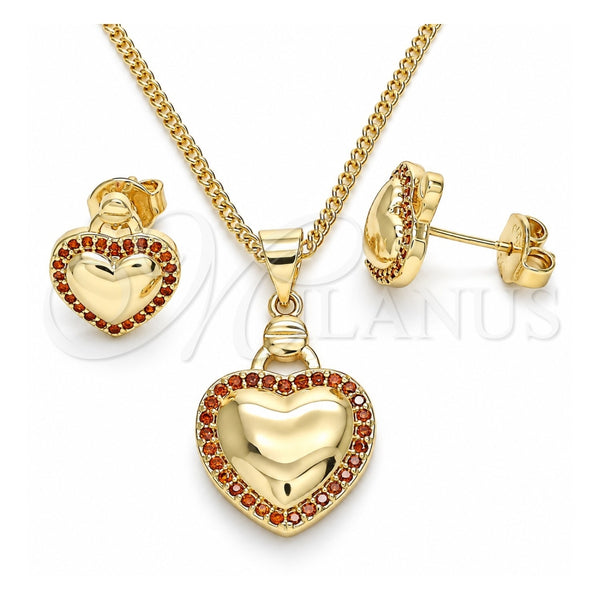 Oro Laminado Earring and Pendant Adult Set, Gold Filled Style Heart Design, with Garnet Micro Pave, Polished, Golden Finish, 10.156.0263.2