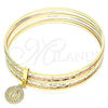 Oro Laminado Semanario Bangle, Gold Filled Style Guadalupe Design, with White Crystal, Diamond Cutting Finish, Tricolor, 07.253.0004.06 (02 MM Thickness, Size 6 (2.75 Diameter))
