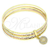 Oro Laminado Semanario Bangle, Gold Filled Style Guadalupe Design, with White Crystal, Diamond Cutting Finish, Tricolor, 07.253.0004.06 (02 MM Thickness, Size 6 (2.75 Diameter))