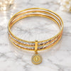 Oro Laminado Semanario Bangle, Gold Filled Style Guadalupe Design, with White Crystal, Diamond Cutting Finish, Tricolor, 07.253.0004.06 (02 MM Thickness, Size 6 (2.75 Diameter))