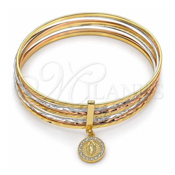 Oro Laminado Semanario Bangle, Gold Filled Style Guadalupe Design, with White Crystal, Diamond Cutting Finish, Tricolor, 07.253.0004.06 (02 MM Thickness, Size 6 (2.75 Diameter))