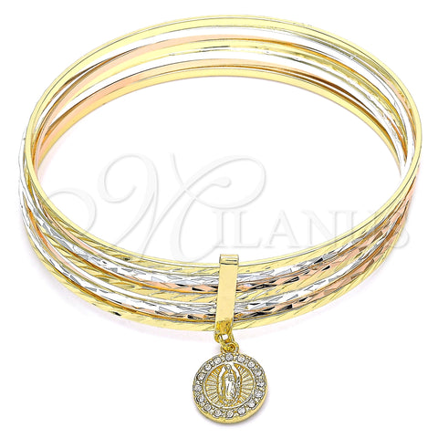 Oro Laminado Semanario Bangle, Gold Filled Style Guadalupe Design, with White Crystal, Diamond Cutting Finish, Tricolor, 07.253.0004.06 (02 MM Thickness, Size 6 (2.75 Diameter))