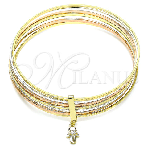 Oro Laminado Semanario Bangle, Gold Filled Style Hand of God Design, with White Cubic Zirconia, Diamond Cutting Finish, Tricolor, 07.253.0007.06 (02 MM Thickness, Size 6 (2.75 Diameter))