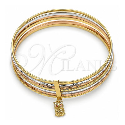 Oro Laminado Semanario Bangle, Gold Filled Style Owl Design, with Garnet Crystal, Diamond Cutting Finish, Tricolor, 07.253.0009.06 (02 MM Thickness, Size 6 (2.75 Diameter))