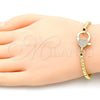 Oro Laminado Adjustable Bolo Bracelet, Gold Filled Style Heart and Ball Design, with White Micro Pave, Polished, Golden Finish, 03.341.0088.11 (11 Inches Length)