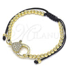 Oro Laminado Adjustable Bolo Bracelet, Gold Filled Style Heart and Ball Design, with White Micro Pave, Polished, Golden Finish, 03.341.0088.11 (11 Inches Length)