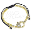 Oro Laminado Adjustable Bolo Bracelet, Gold Filled Style Heart and Ball Design, with White Micro Pave, Polished, Golden Finish, 03.341.0088.11 (11 Inches Length)
