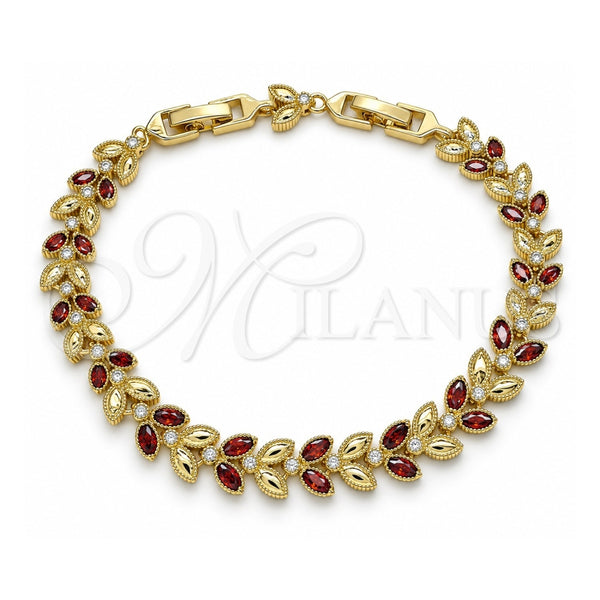Oro Laminado Tennis Bracelet, Gold Filled Style Leaf Design, with Garnet and White Cubic Zirconia, Polished, Golden Finish, 03.283.0030.1.08 (09 MM Thickness, 8 Inches Length)