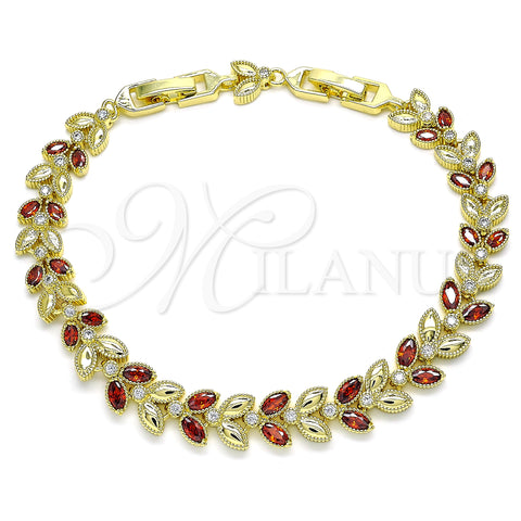 Oro Laminado Tennis Bracelet, Gold Filled Style Leaf Design, with Garnet and White Cubic Zirconia, Polished, Golden Finish, 03.283.0030.1.08 (09 MM Thickness, 8 Inches Length)