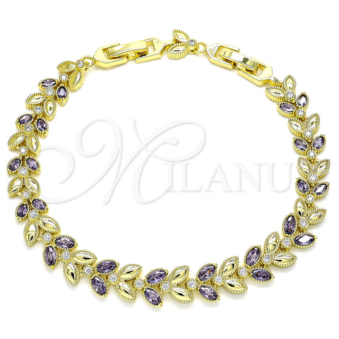 Oro Laminado Tennis Bracelet, Gold Filled Style Leaf Design, with Amethyst and White Cubic Zirconia, Polished, Golden Finish, 03.283.0030.4.08 (09 MM Thickness, 8 Inches Length)