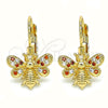 Oro Laminado Leverback Earring, Gold Filled Style Bee Design, with Garnet and White Micro Pave, Polished, Golden Finish, 02.210.0378.1