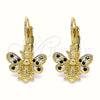 Oro Laminado Leverback Earring, Gold Filled Style Bee Design, with Black and White Micro Pave, Polished, Golden Finish, 02.210.0378.2