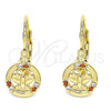 Oro Laminado Leverback Earring, Gold Filled Style Butterfly Design, with Garnet and White Micro Pave, Polished, Golden Finish, 02.210.0379.1