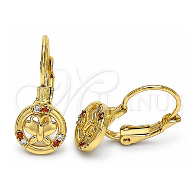 Oro Laminado Leverback Earring, Gold Filled Style Butterfly Design, with Garnet and White Micro Pave, Polished, Golden Finish, 02.210.0379.1
