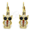 Oro Laminado Leverback Earring, Gold Filled Style Owl Design, with Garnet and White Micro Pave, Polished, Golden Finish, 02.210.0380.1