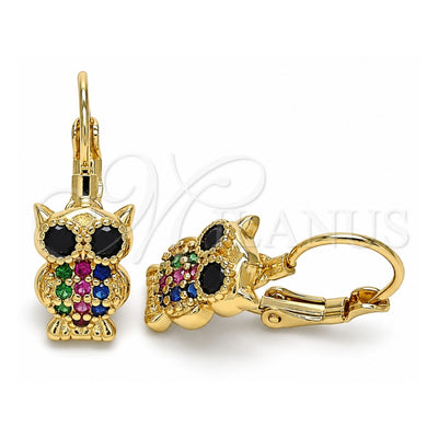Oro Laminado Leverback Earring, Gold Filled Style Owl Design, with Multicolor Micro Pave, Polished, Golden Finish, 02.210.0380.3