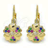 Oro Laminado Leverback Earring, Gold Filled Style Flower and Heart Design, with Multicolor Micro Pave, Polished, Golden Finish, 02.210.0382.3