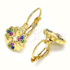 Oro Laminado Leverback Earring, Gold Filled Style Flower and Heart Design, with Multicolor Micro Pave, Polished, Golden Finish, 02.210.0382.3