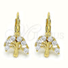 Oro Laminado Leverback Earring, Gold Filled Style Tree Design, with White Cubic Zirconia, Polished, Golden Finish, 02.210.0383
